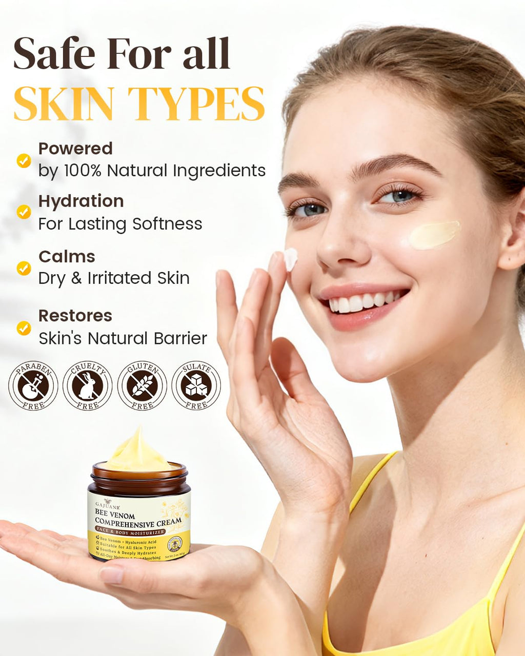 GAJUANR Bee Venom Moisturizing Cream – All-in-One Nourishing Cream with Hyaluronic Acid, Lightweight Daily Moisturizer (2 x 60g)