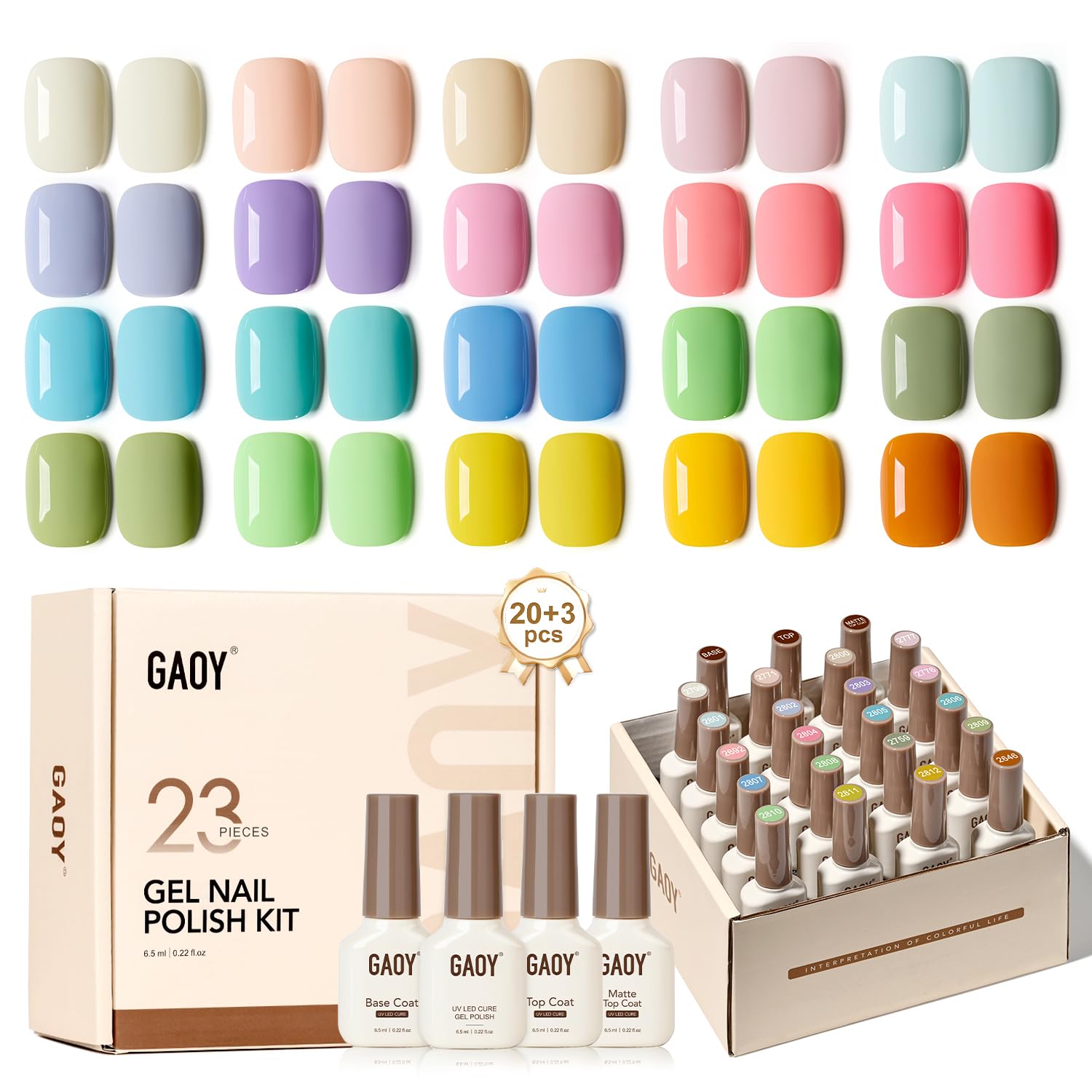 GAOY 23-Pcs Gel Nail Polish Kit – Pastel Macaron Colors with Glossy & Matte Top Coats, Base Coat, DIY Gel Nails