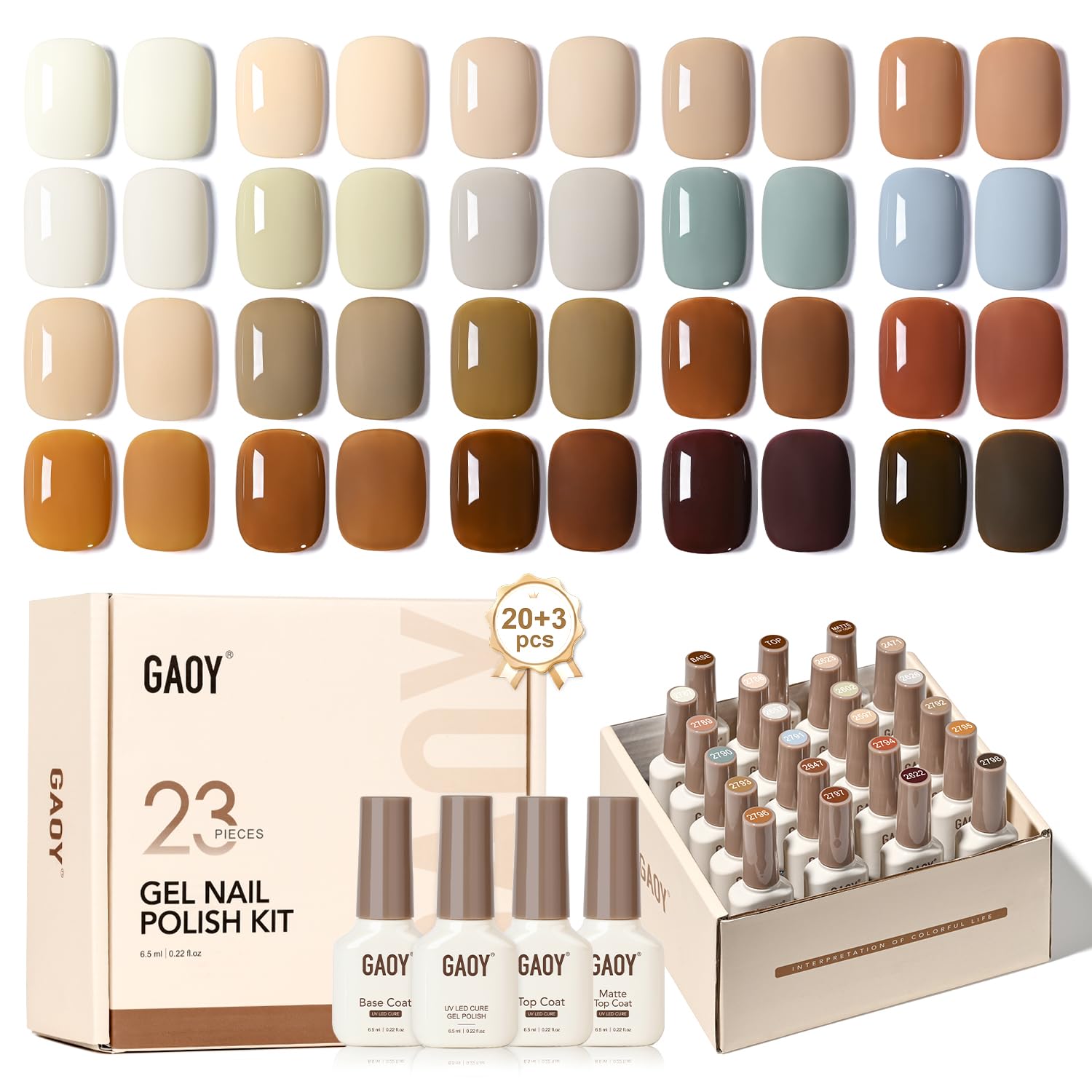 GAOY 23-Pcs Gel Nail Polish Kit – White, Blue & Brown Colors with Glossy & Matte Top Coats + Base Coat