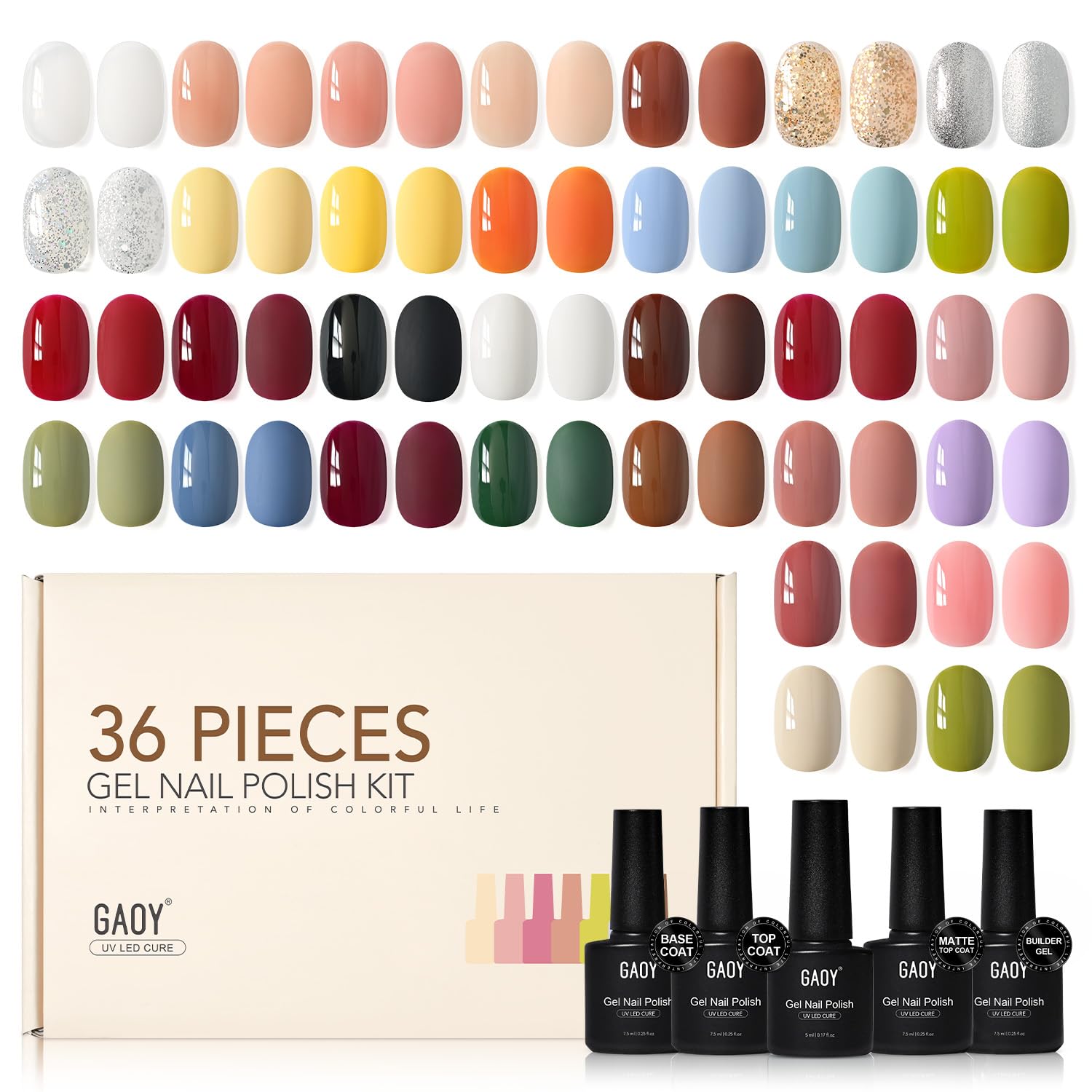 GAOY 36 Pcs Gel Nail Polish Set – 32 Colors All-Season Kit with Base Coat, Top Coats & Builder Gel