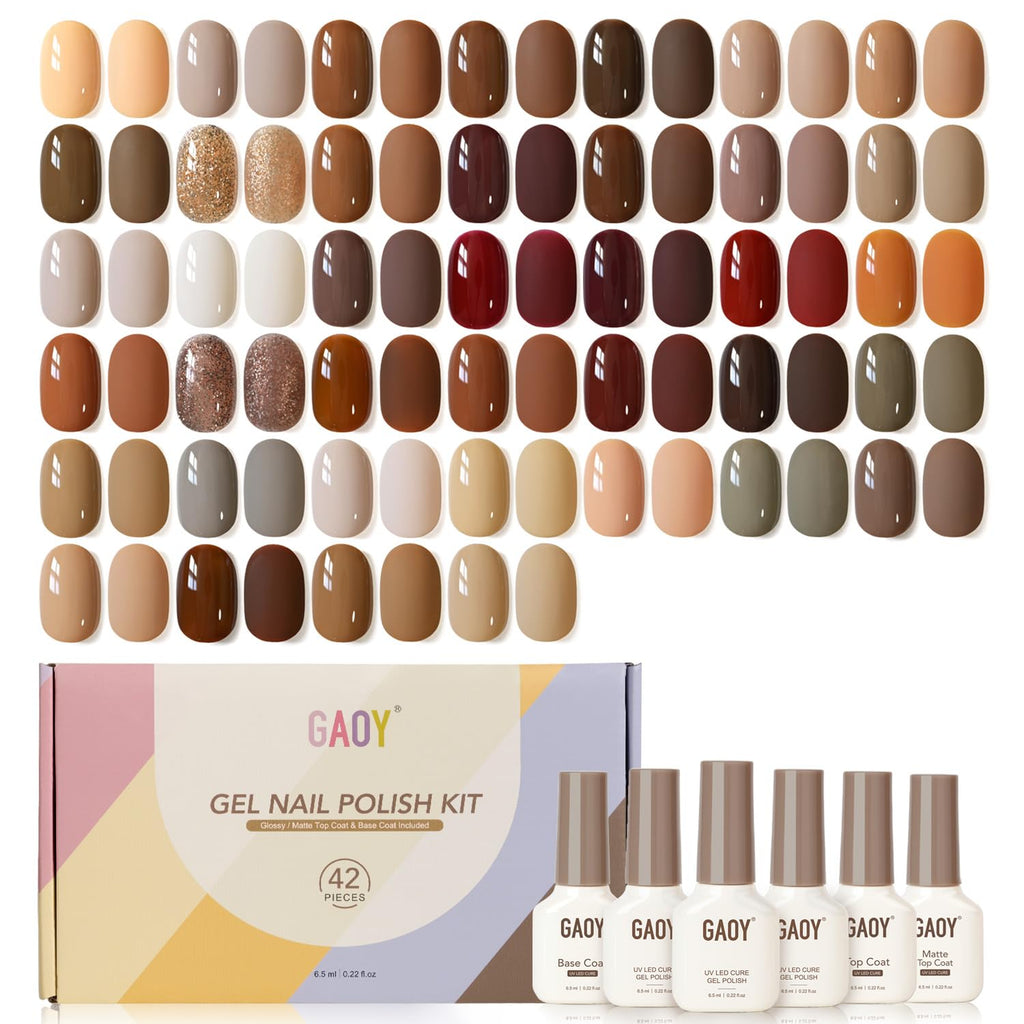 GAOY 42 Pcs Gel Nail Polish Kit – Fall Brown-Red Glitter Colors with Glossy and Matte Top Coat