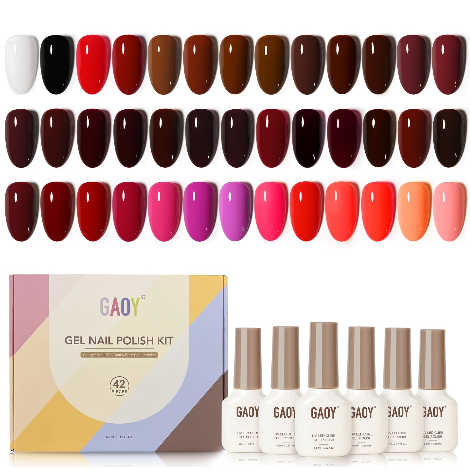 GAOY 42-Pcs Gel Nail Polish Kit – Red Brown Fall/Winter Colors + Glossy & Matte Top Coats