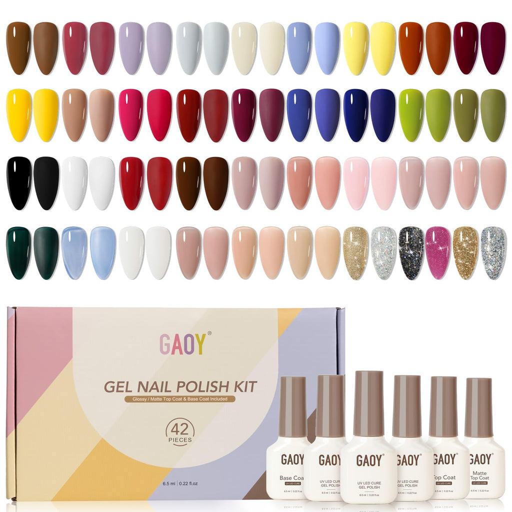 GAOY 42 Pcs Gel Nail Polish Kit – 39 Colors + Glossy & Matte Top & Base Coats for Salon & DIY Manicure