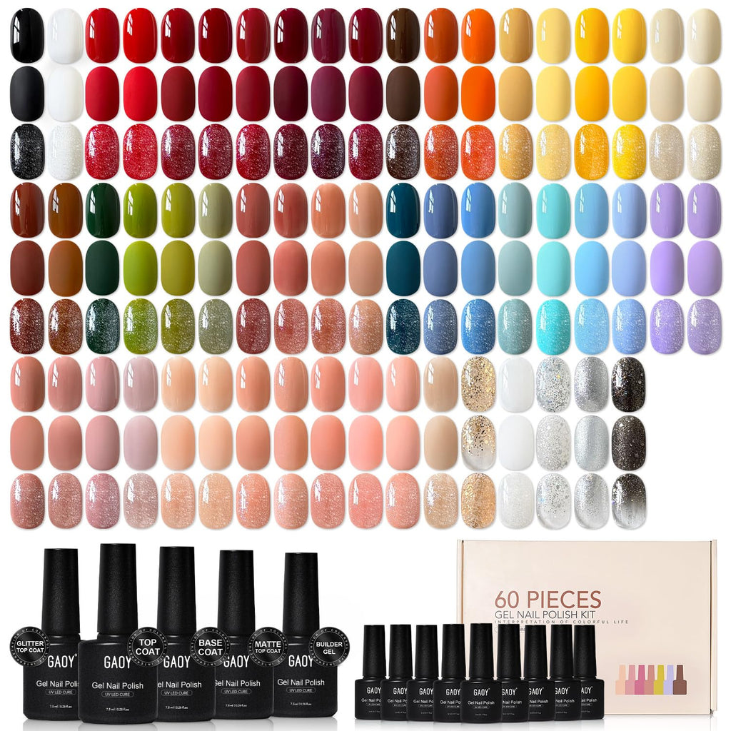 GAOY 60 Pcs Gel Nail Polish Set – 55 Colors + 5 Essentials for DIY Manicure