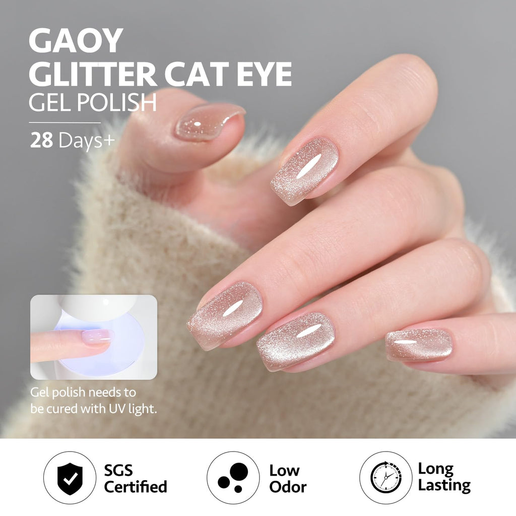 GAOY Pink Ocean Cat Eye Gel Nail Polish Set with Magnet – Holographic Cat Eye, At-Home Salon Gel Manicure