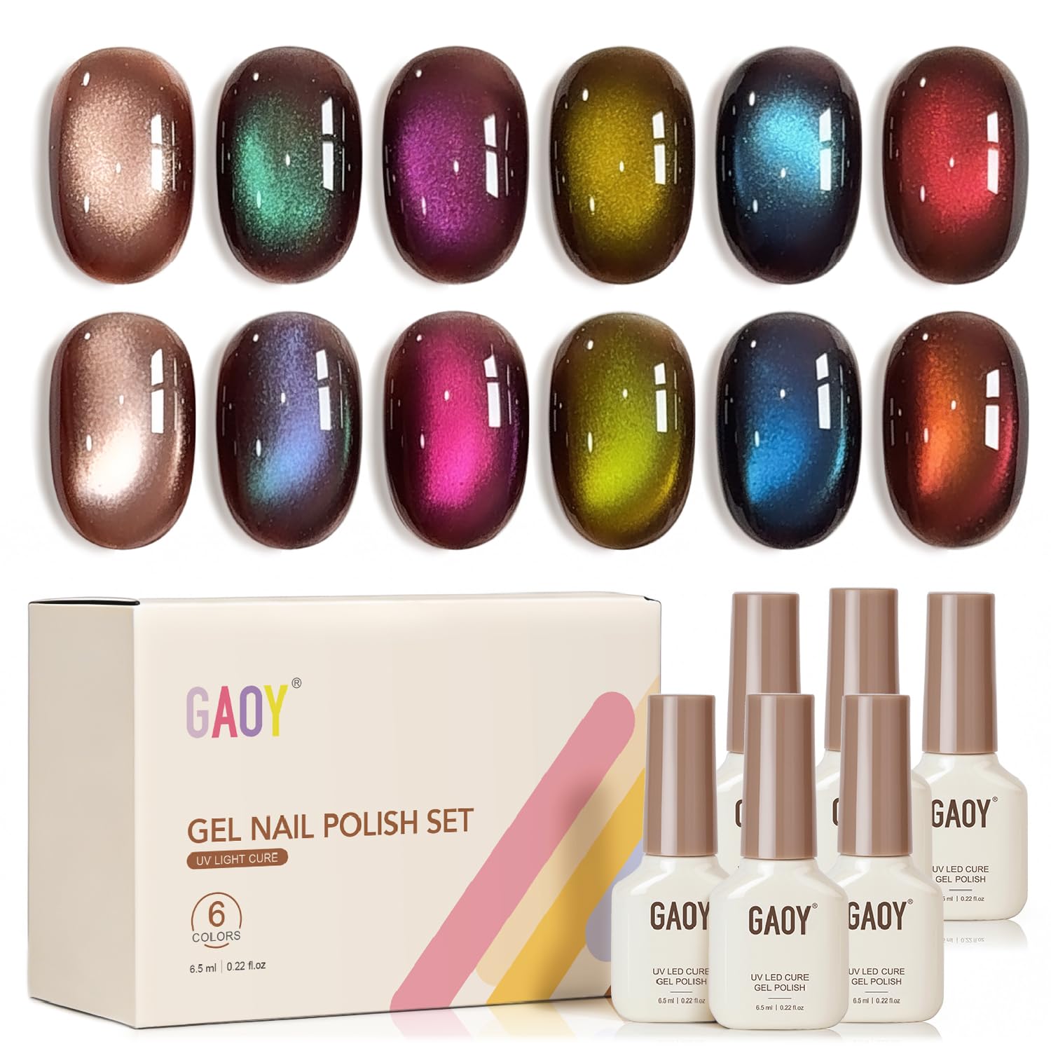 GAOY Aurora Shift Cat Eye Gel Nail Polish Set with Magnet – 6 Holographic Glitter Shades, Built-in Deep Base