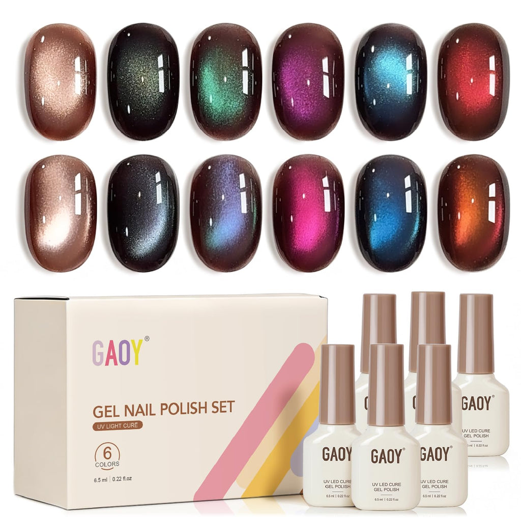 GAOY Brown Chameleon Cat Eye Gel Polish Kit with Magnet – 6 Glitter Holographic Colors