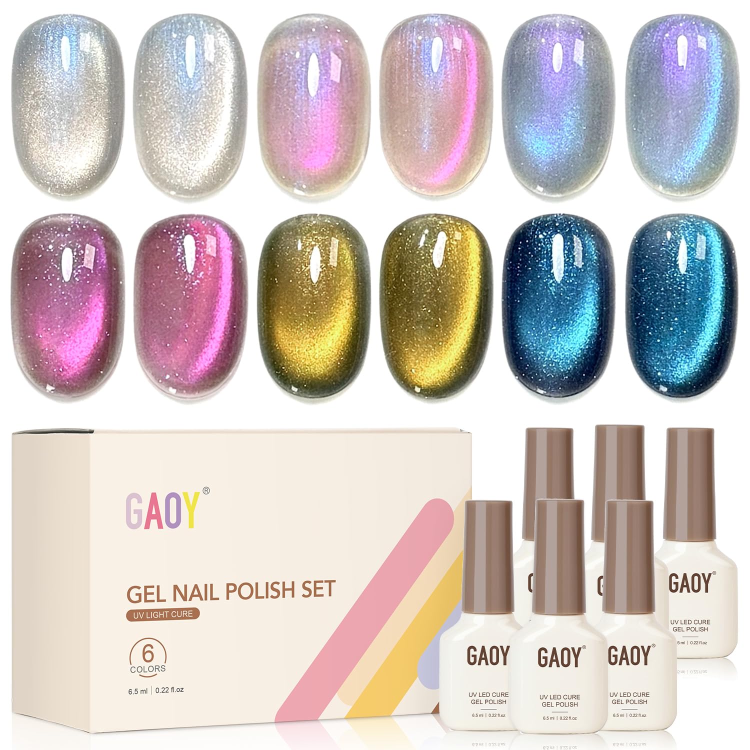GAOY Cat Eye Gel Nail Polish Set – 6 Colors with Magnet | Aurora Reverie