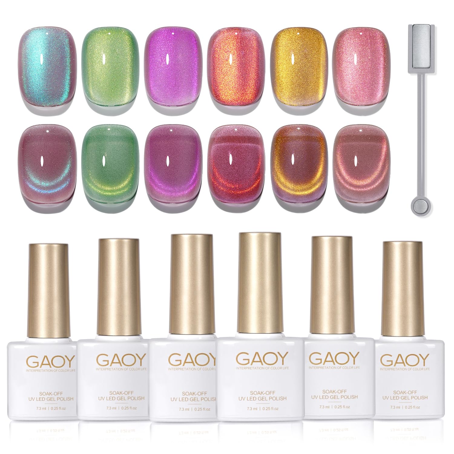 GAOY Cat Eye Gel Nail Polish Set with Magnet | Pink Green Glitter Holographic Cat Eye | DIY Salon-Quality at Home