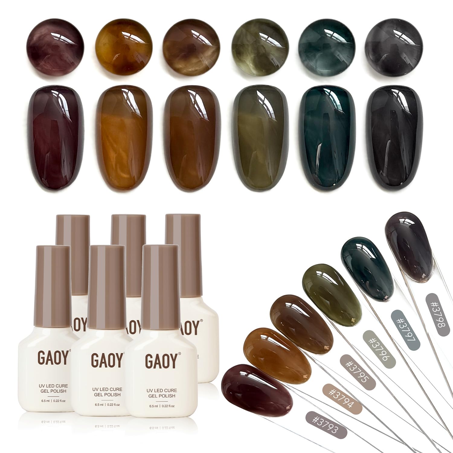 GAOY Dark Gel Nail Polish Set – 6 Milky Jelly Colors (Brown, Green, Black) for Salon or Home Manicures