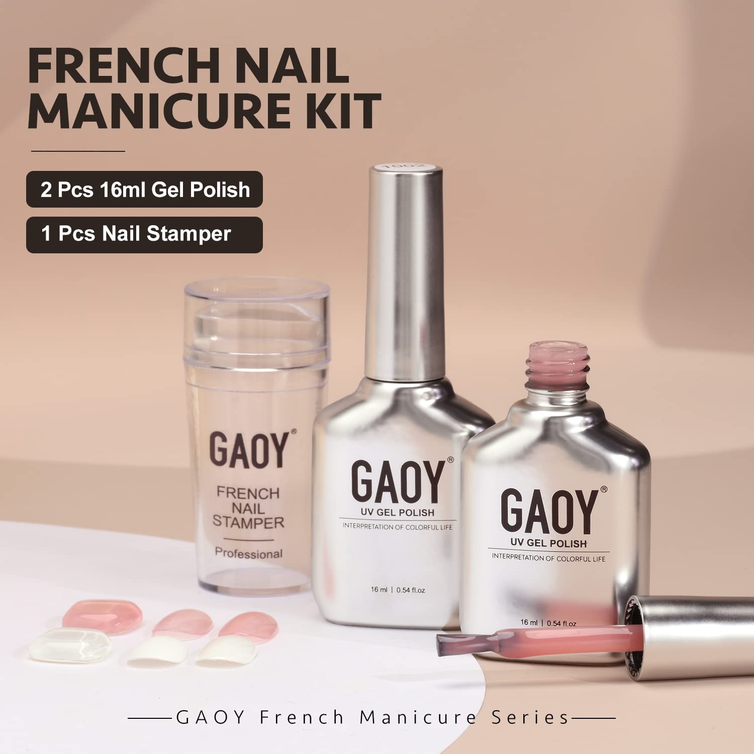 GAOY French Manicure Kit – Nail Stamper & 2 Gel Polishes (Nude & White) UV LED Cure