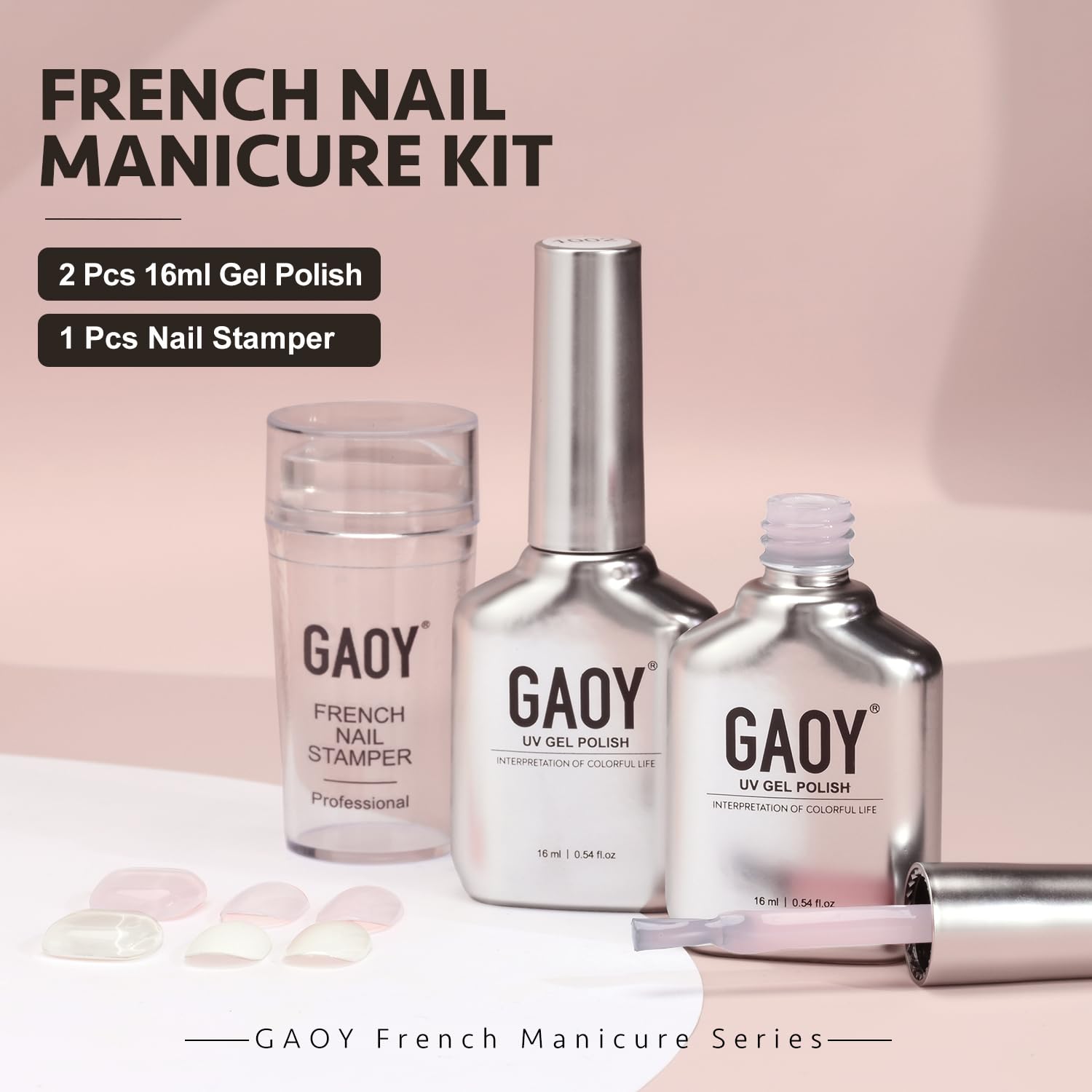 GAOY French Manicure Kit: Nail Stamper & 2 Gel Polishes for Nude Milky Pink and White Tips