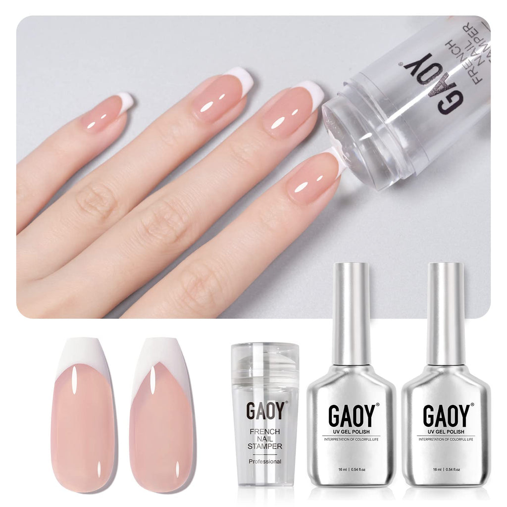 GAOY French Manicure Kit – Nail Stamper & 2 Gel Polishes (Nude & White) UV LED Cure
