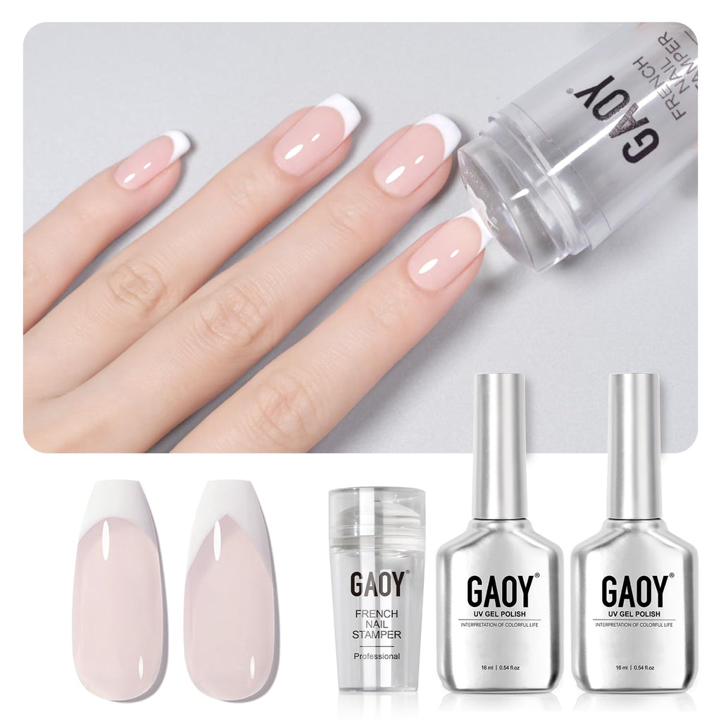 GAOY French Manicure Kit: Nail Stamper & 2 Gel Polishes for Nude Milky Pink and White Tips