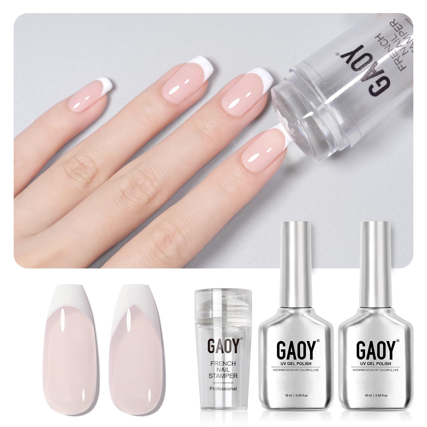 GAOY French Manicure Kit: Nail Stamper & 2 Gel Polishes for Nude Milky Pink and White Tips
