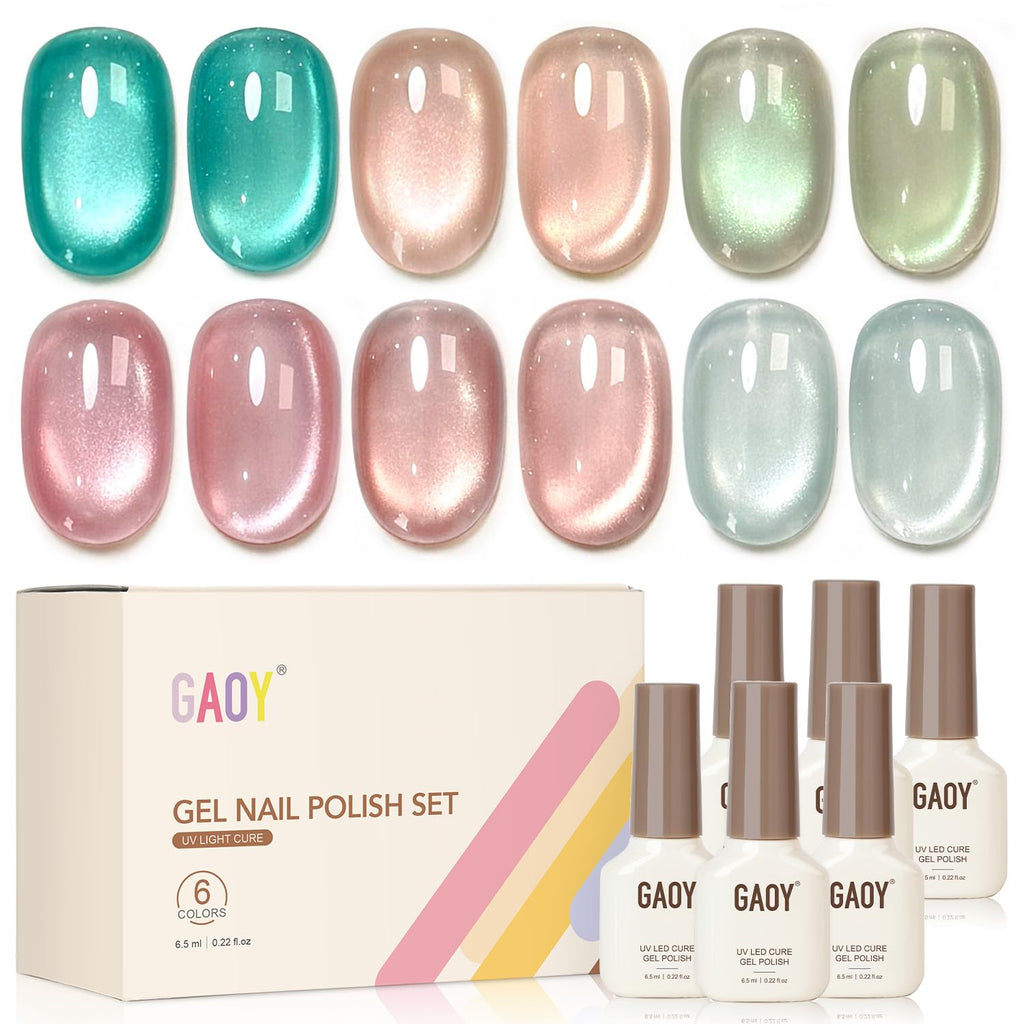 GAOY Glassy Cat Eye Gel Polish Kit with Magnet – 6 Color Blue-Green Glitter Holographic Gel for DIY Manicure