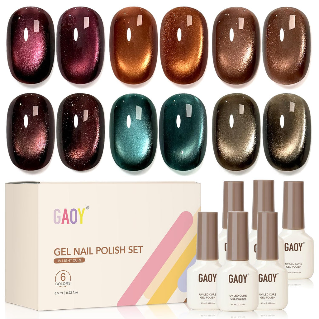 GAOY Glitter Cat Eye Gel Nail Polish Set with Magnet – 6 Colors & Holographic Shimmer