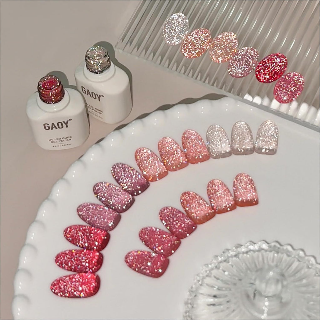 GAOY Glitter Red Gel Nail Polish Set – 6 Pink Peach Reflective Sparkle Colors | Soak Off UV Light Cure for At-Home Manicures