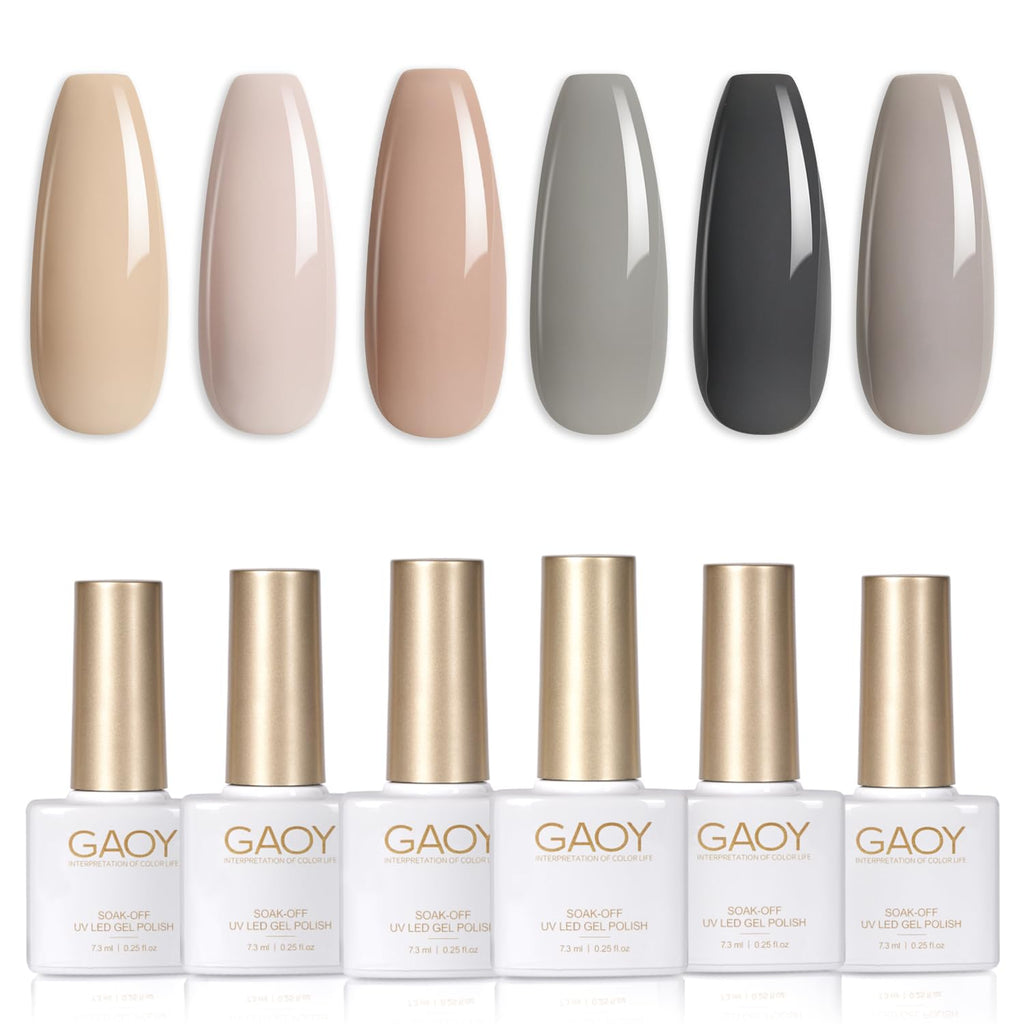 GAOY Gray Gel Nail Polish Set - 6 Nude Brown Beige Colors, UV Light Cure