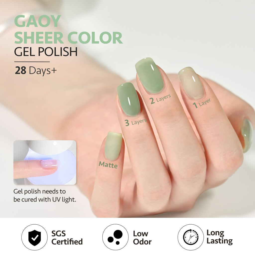 GAOY Jelly Green Gel Nail Polish Set – 6 Sheer-to-Opaque UV-Cure Colors (0.22 fl oz each) for At-Home Nail Art