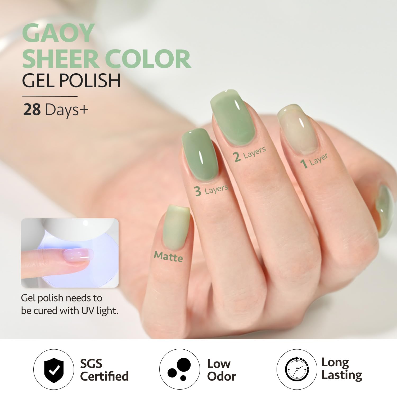 GAOY Jelly Green Gel Nail Polish Set – 6 Sheer-to-Opaque UV-Cure Colors (0.22 fl oz each) for At-Home Nail Art