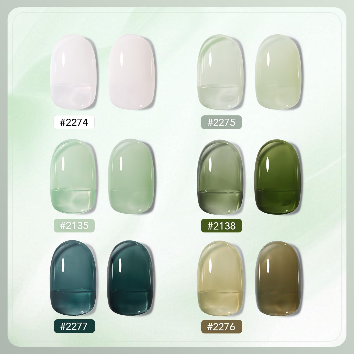 GAOY Jelly Green Gel Nail Polish Set – 6 Sheer-to-Opaque UV-Cure Colors (0.22 fl oz each) for At-Home Nail Art