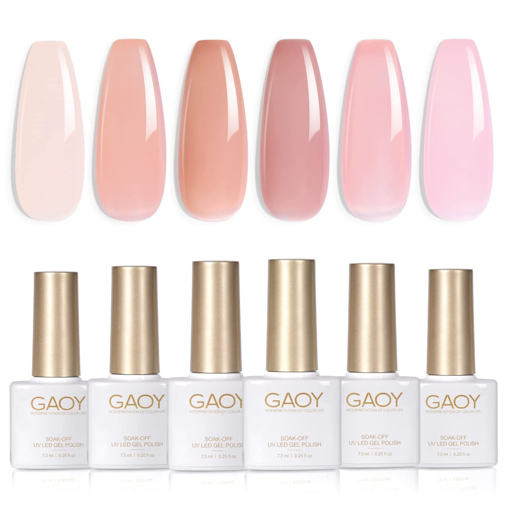 GAOY Jelly Nude Pink Gel Nail Polish Set – 6 Sheer Colors for Home or Salon
