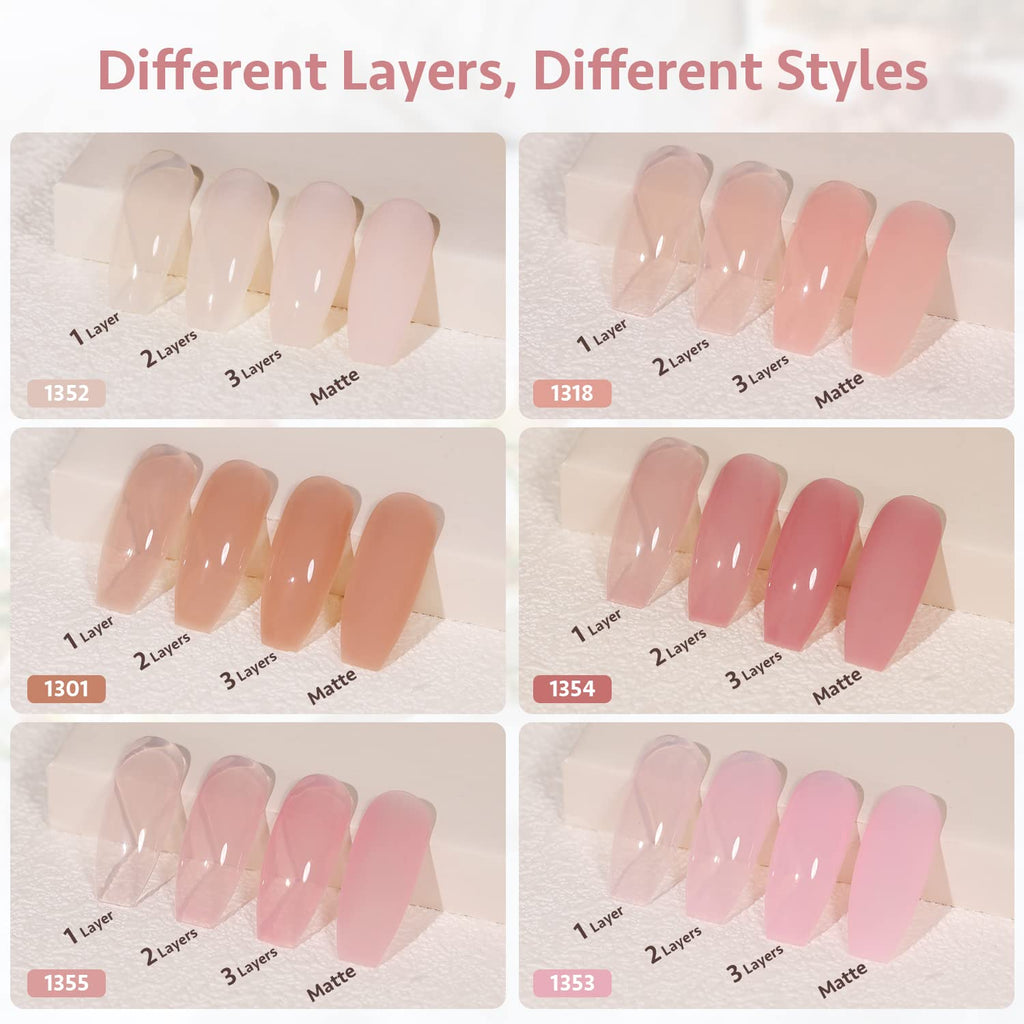 GAOY Jelly Nude Pink Gel Nail Polish Set – 6 Sheer Colors for Home or Salon