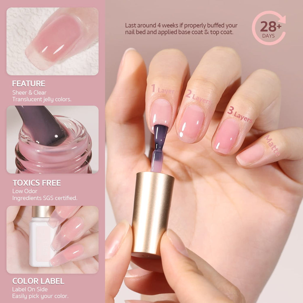 GAOY Jelly Nude Pink Gel Nail Polish Set – 6 Sheer Colors for Home or Salon