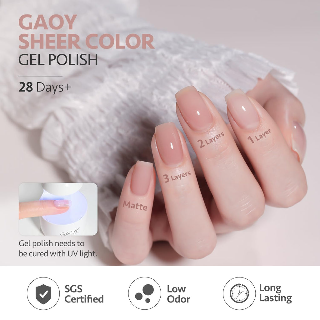 GAOY Jelly UV Gel Nail Polish Kit – 6 Sheer Nude Pink Gray Colors for At-Home Manicures