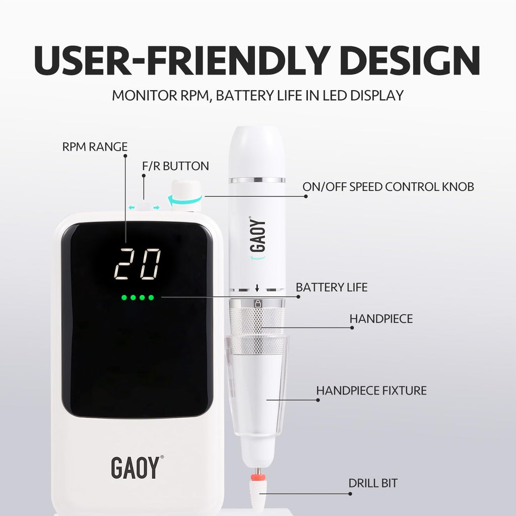 GAOY Rechargeable Cordless Nail Drill for Beginners – 20,000 RPM, 12 Drill Bits & LED Display