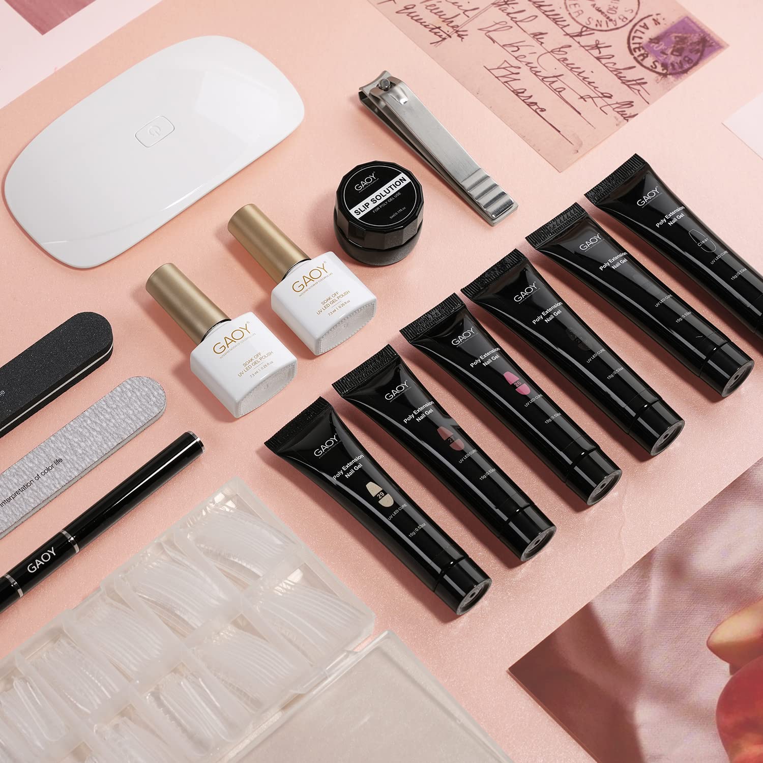 GAOY Poly Gel Nail Kit with UV Light Starter Kit – 6 Colors Nude Pink Black Builder Gel for Beginners