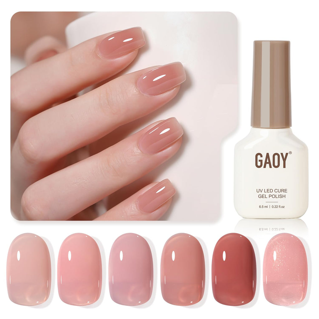 GAOY Nude Jelly Gel Nail Polish Kit – 6 Milky Pink Brown Shimmer Colors for Home Manicures