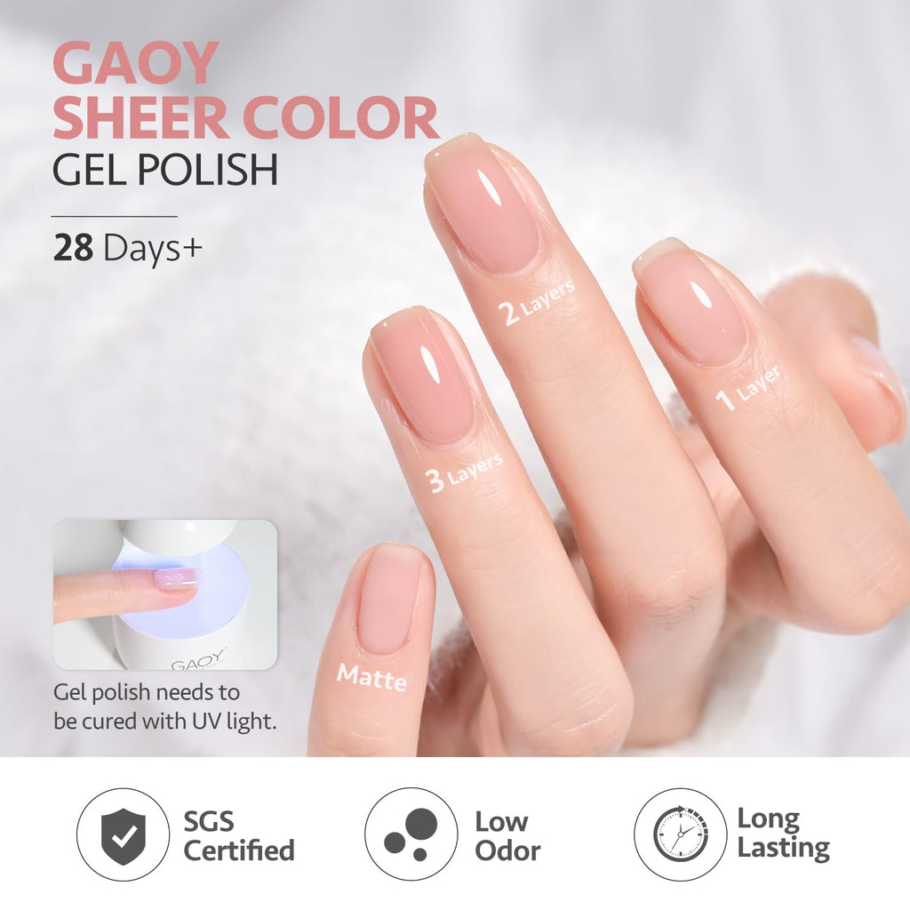 GAOY Nude Jelly Gel Nail Polish Kit – 6 Milky Pink Brown Shimmer Colors for Home Manicures
