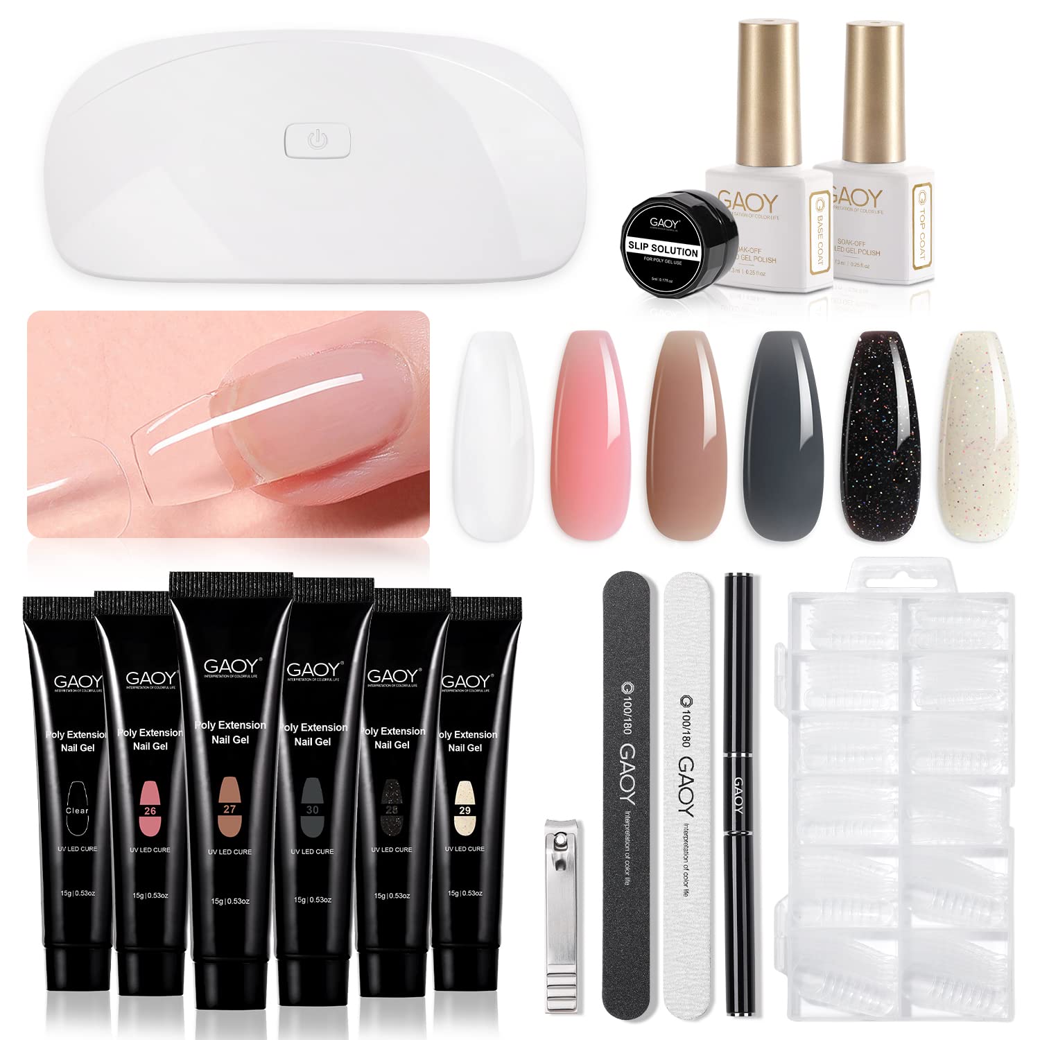 GAOY Poly Gel Nail Kit with UV Light Starter Kit – 6 Colors Nude Pink Black Builder Gel for Beginners