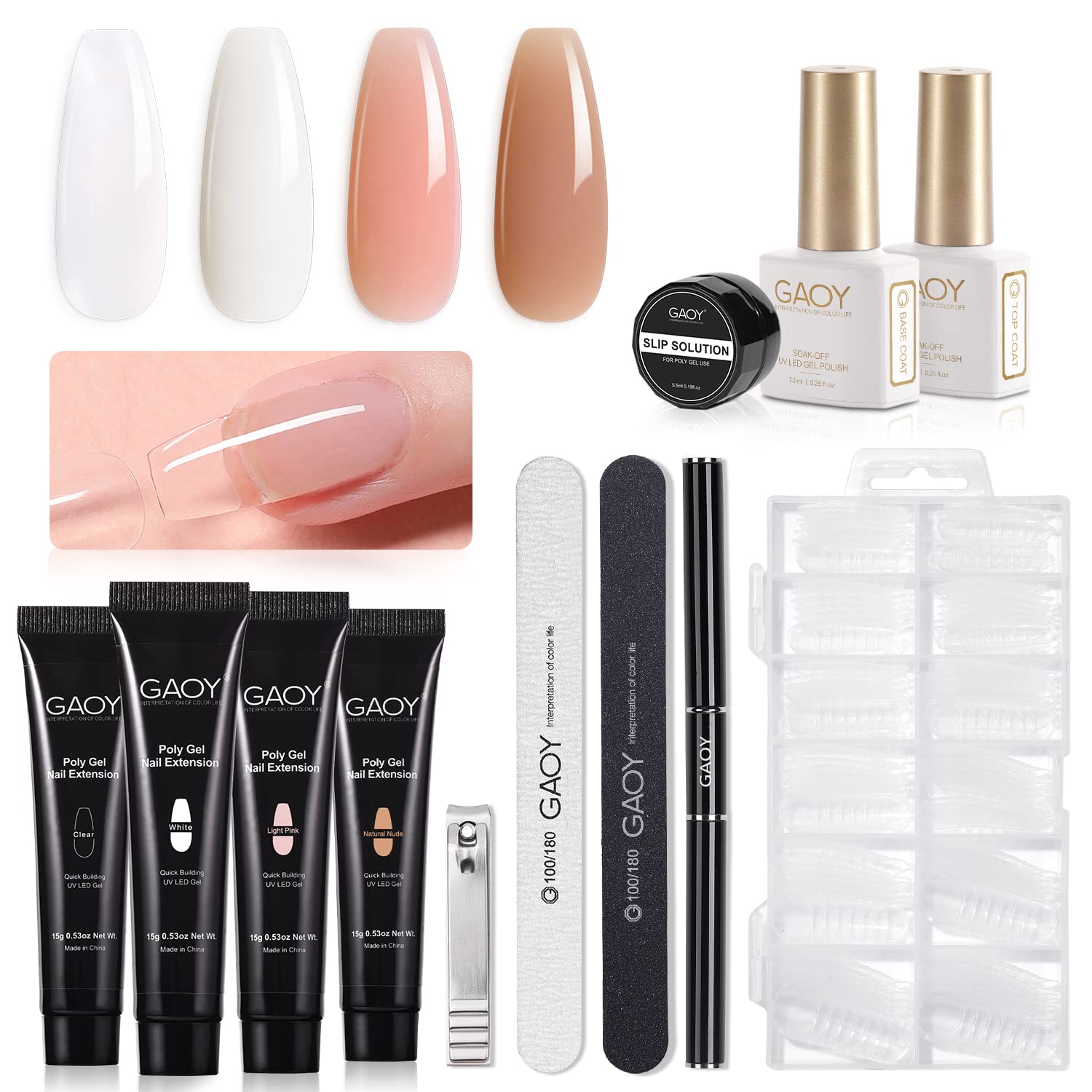 GAOY Poly Nail Extension Gel Kit – 4 Colors + Top & Base Coat, Dual Forms & Tools | All-in-One Builder Gel Set