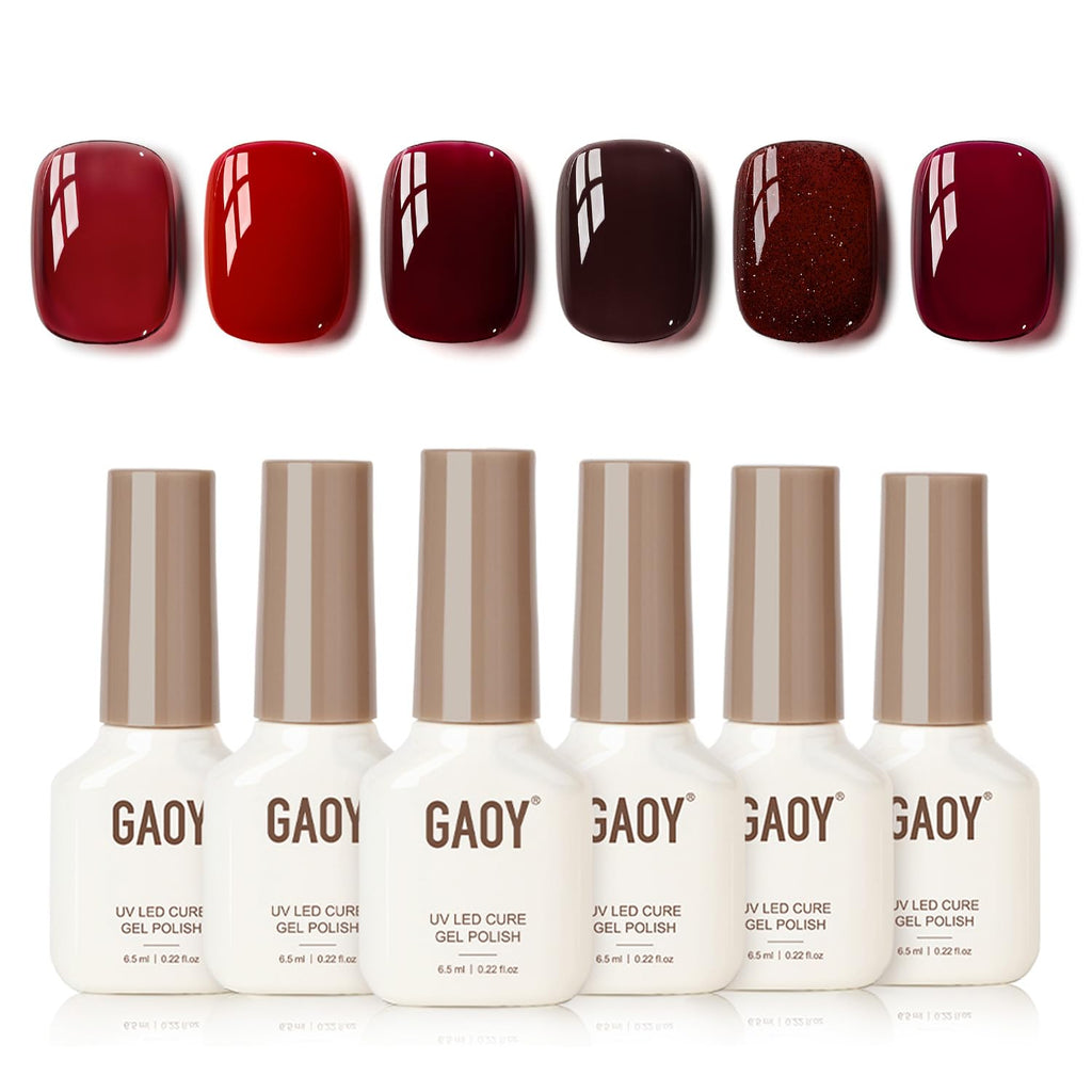 GAOY Red Gel Nail Polish Set — 6 Burgundy Cherry Jelly Glitter Colors, UV Cure Gel for DIY Manicure at Home