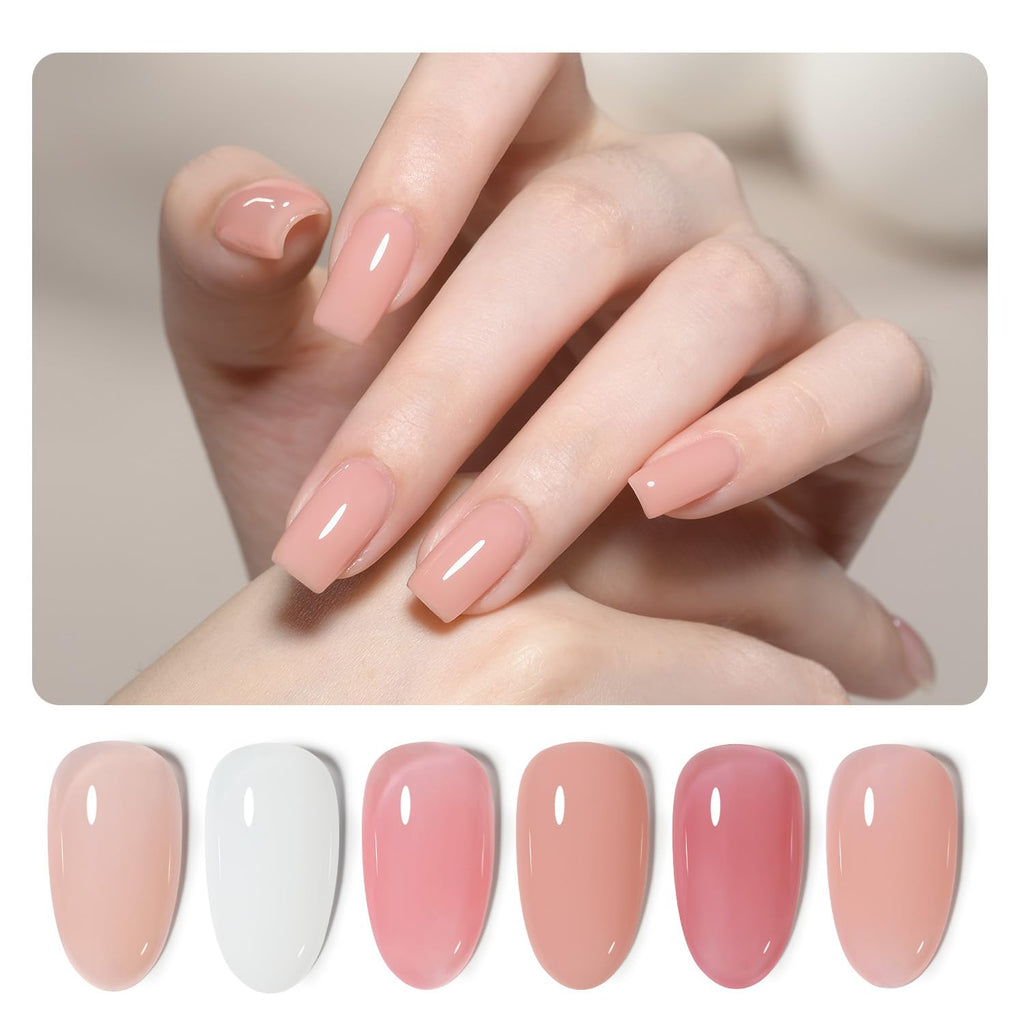 GAOY 6 Colors Rubber Base Gel Set – 2-in-1 Nail Strengthener & Color Gel (Nude to Blush Jelly)
