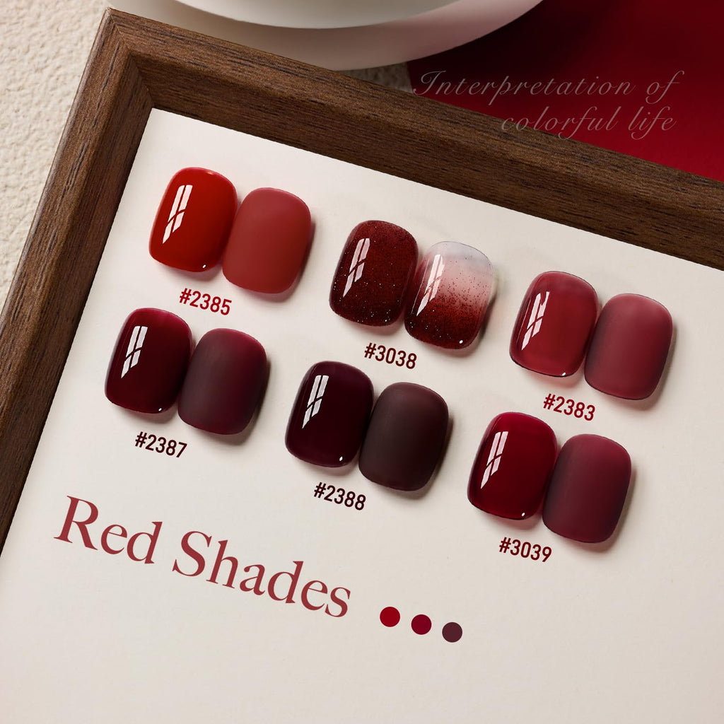 GAOY Red Gel Nail Polish Set — 6 Burgundy Cherry Jelly Glitter Colors, UV Cure Gel for DIY Manicure at Home