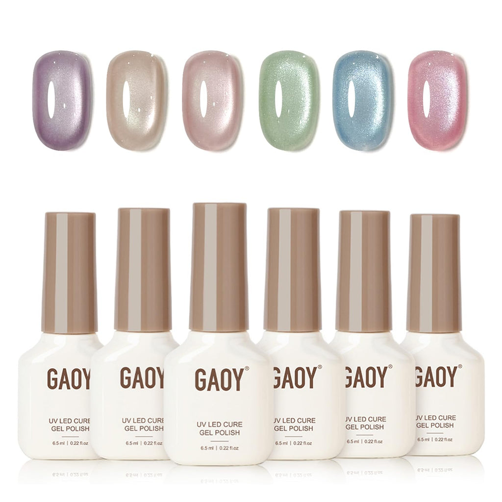 GAOY Summer Gel Nail Polish Set – 6 Icy Sheer Cat Eye Gels with Magnet