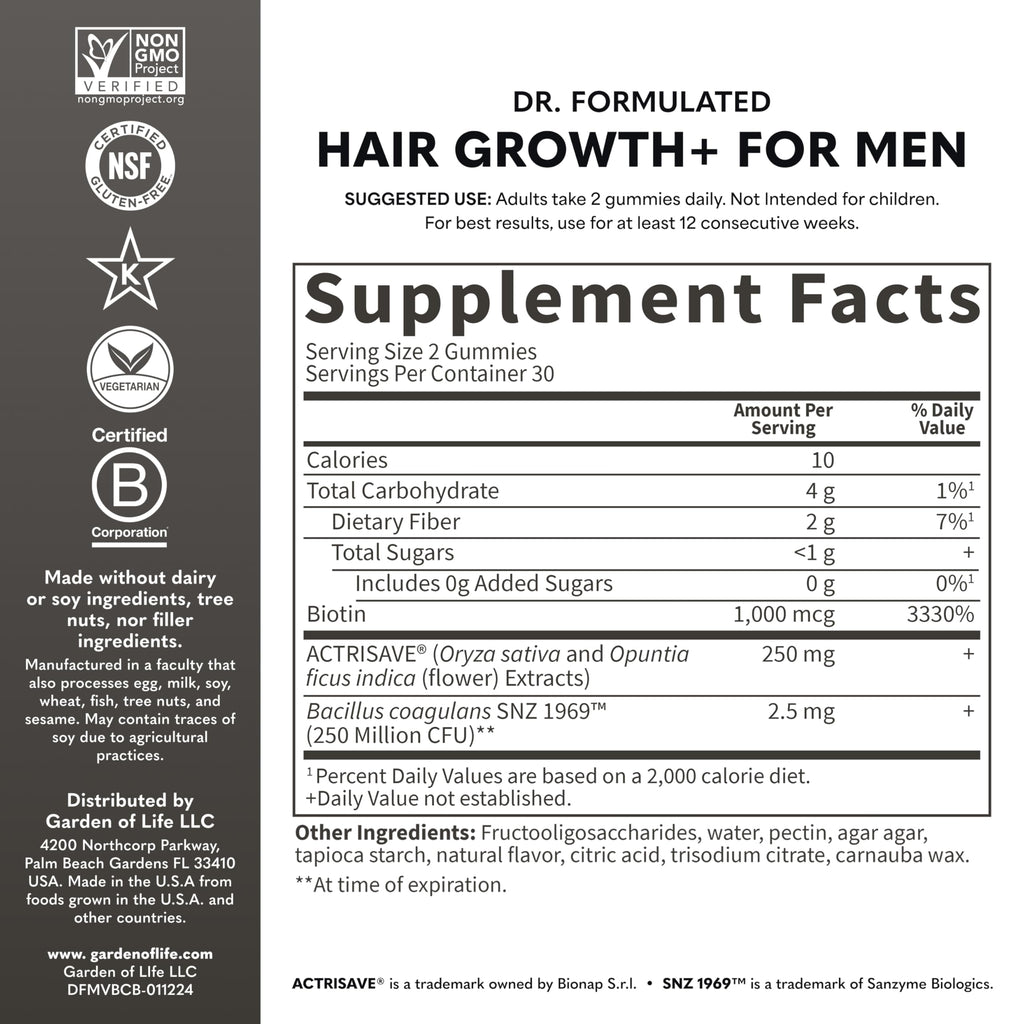 Garden of Life Dr. Formulated Hair Growth Gummies for Men – Berry Flavor, 60 Count