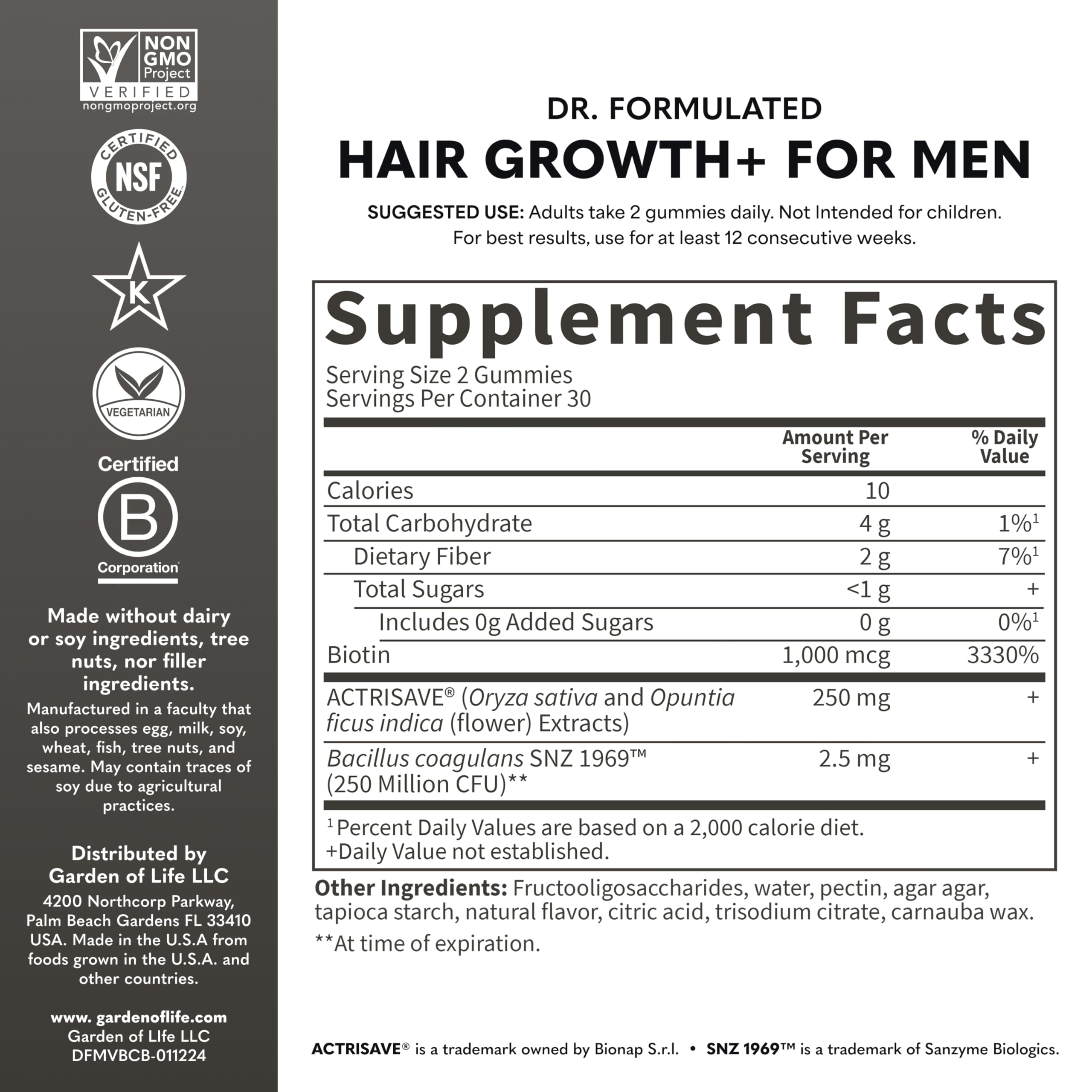 Garden of Life Dr. Formulated Hair Growth Gummies for Men – Berry Flavor, 60 Count