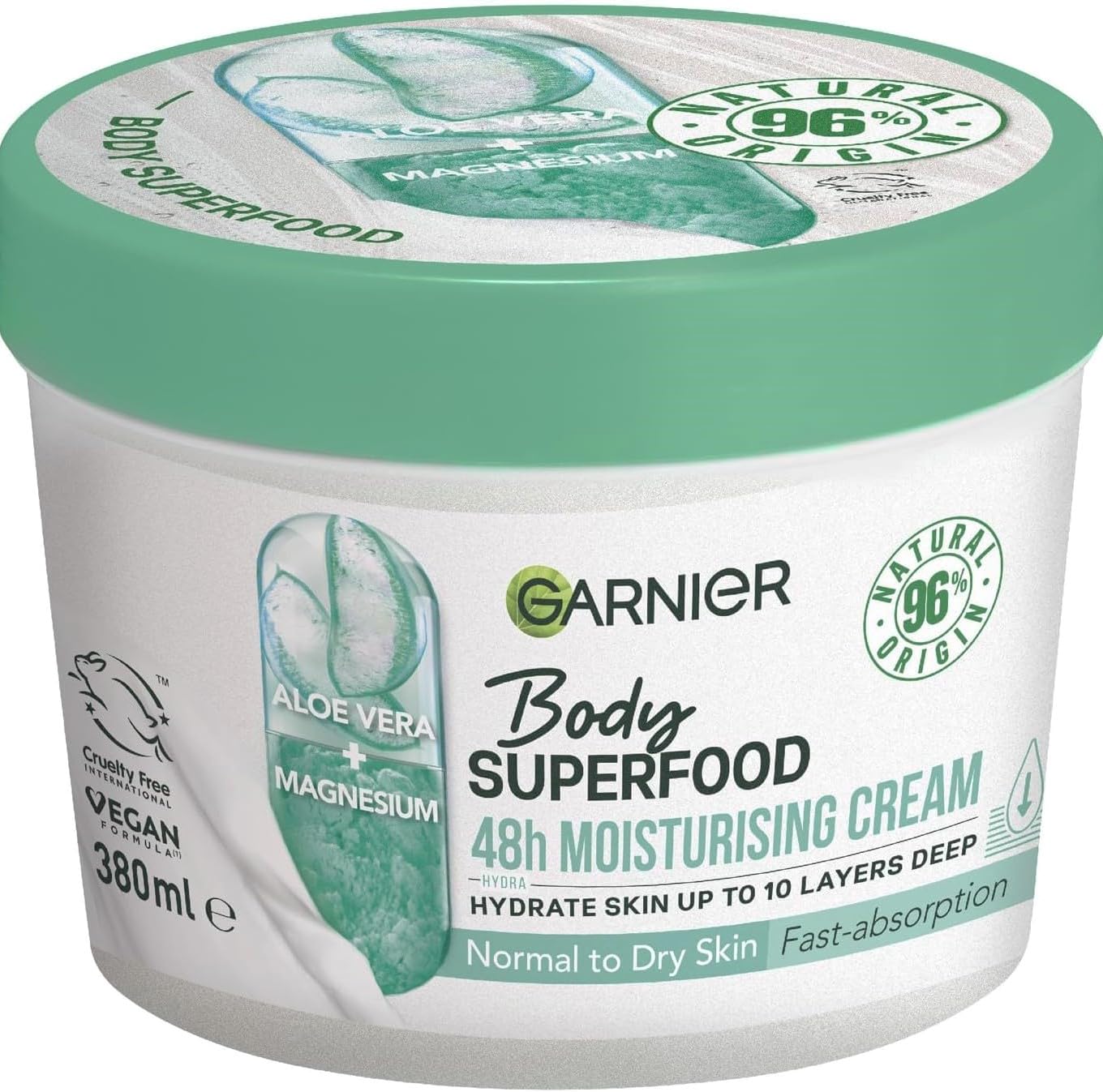 Garnier Body Superfood Aloe Cream – 48h Hydration, Quick Absorption, Vegan, 12.8 oz