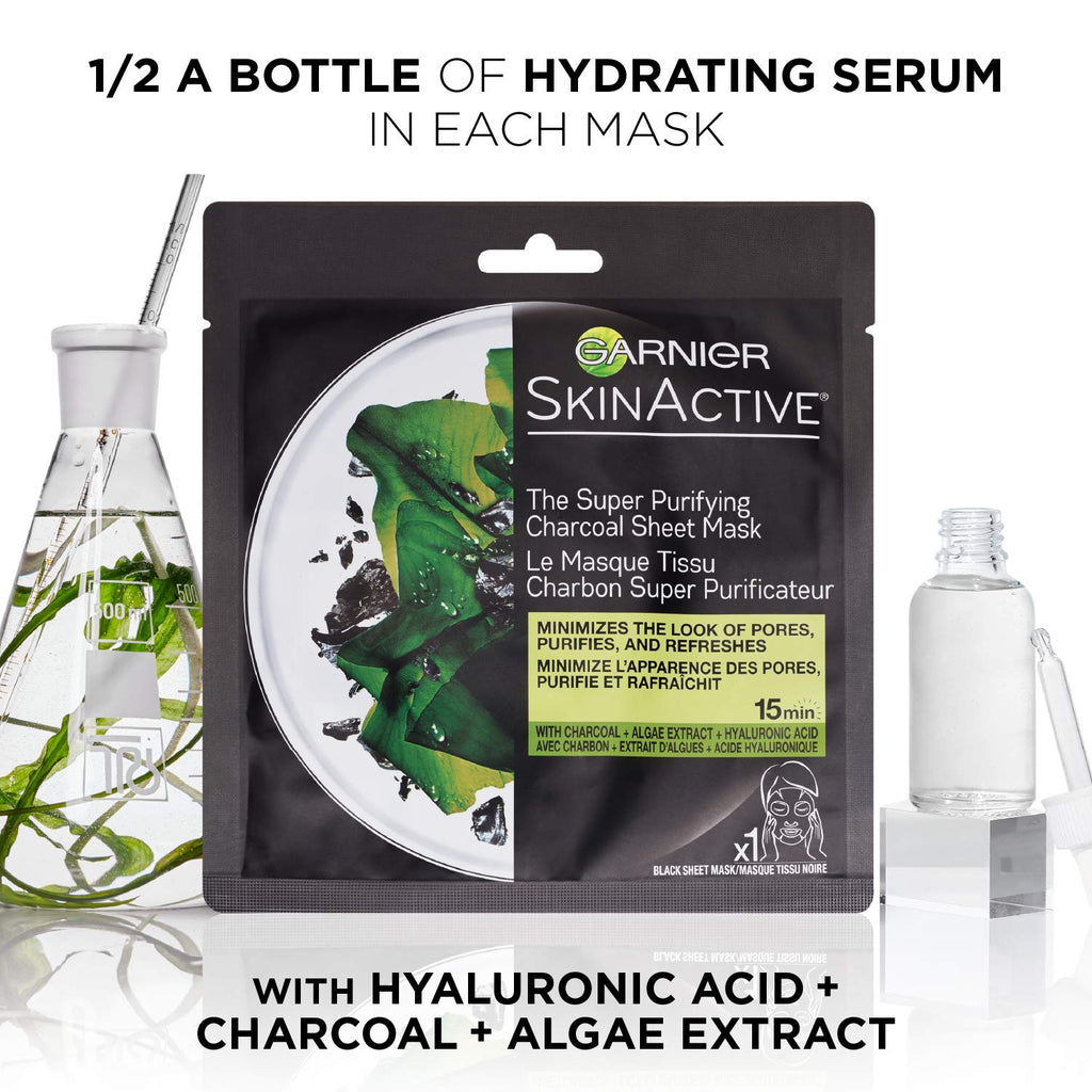 Garnier SkinActive Charcoal Sheet Mask – 6 Count | Pore-Minimizing Purifying Facial Mask