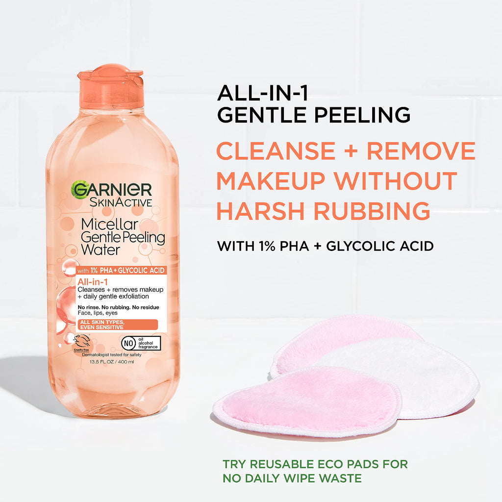 Garnier SkinActive Gentle Peeling Micellar Water – 1% PHA & Glycolic Acid, Exfoliating Cleanser & Makeup Remover (2 Pack)