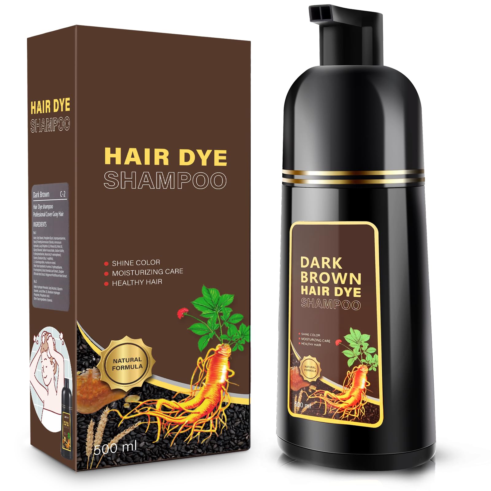 GDRFNP Hair Dye Shampoo 3 in 1 – Grey Coverage, Dark Brown, 16.9 fl oz