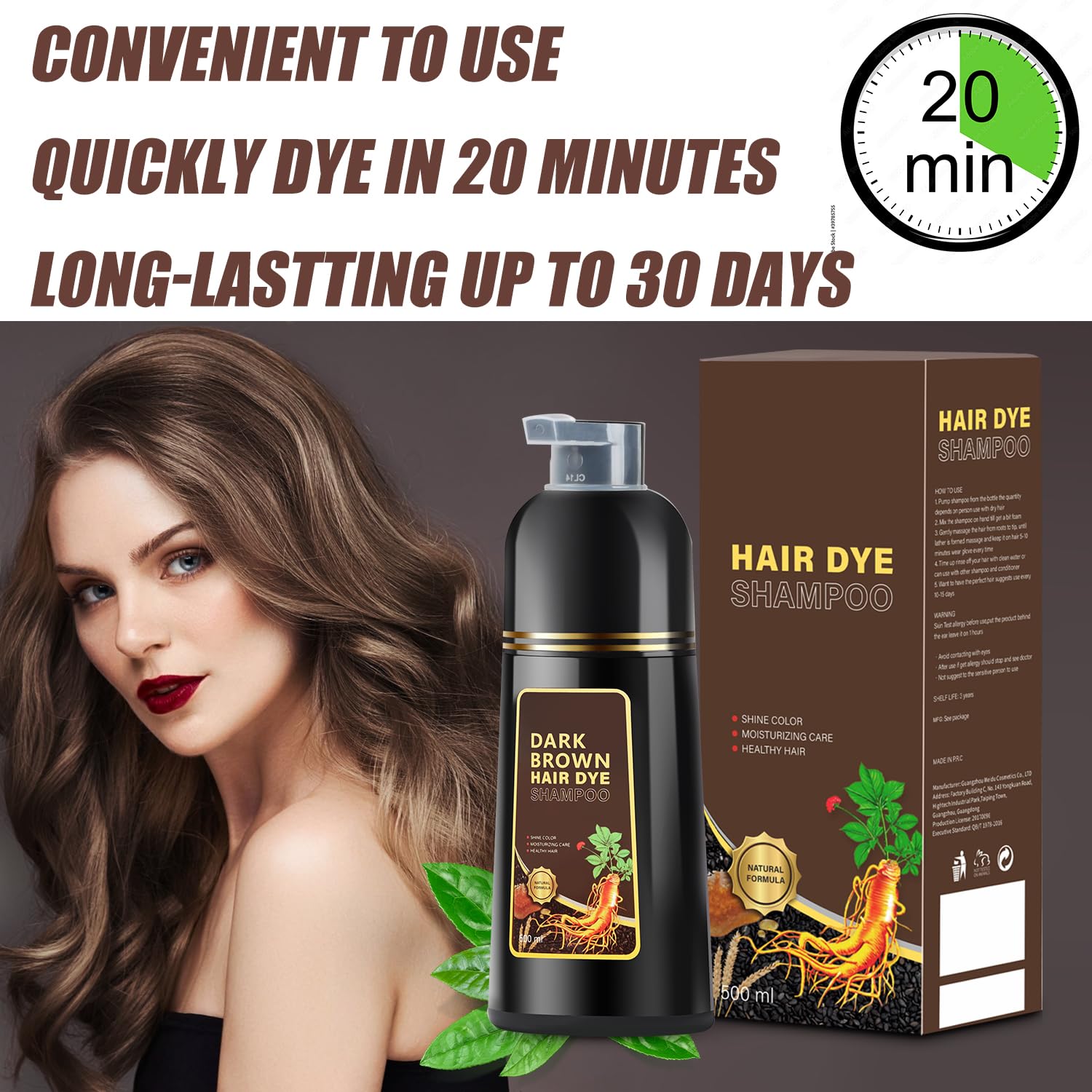 GDRFNP Hair Dye Shampoo 3 in 1 – Grey Coverage, Dark Brown, 16.9 fl oz