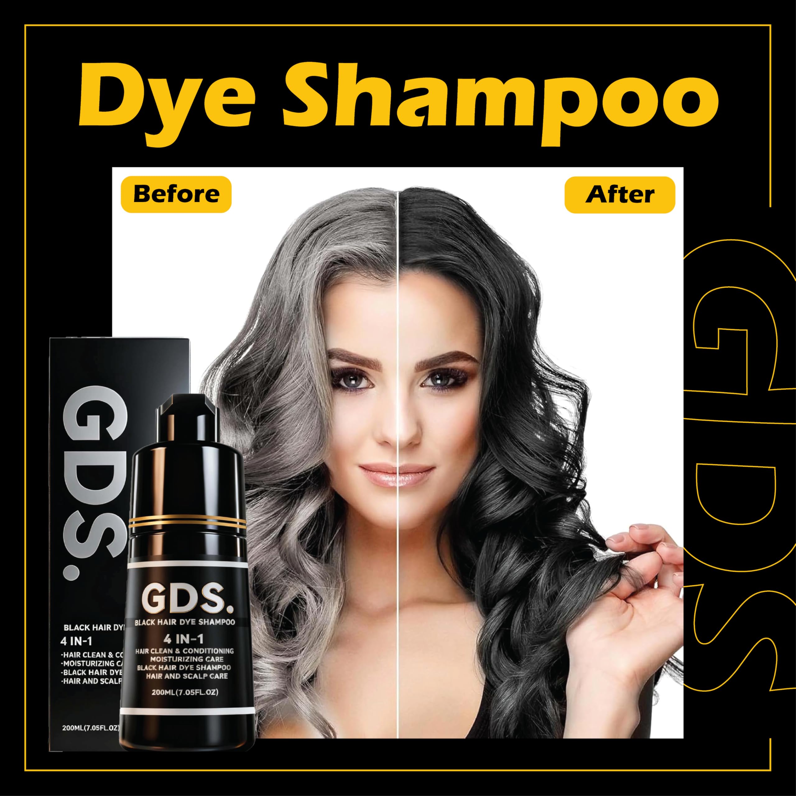 GDS Hair Dye Shampoo 4-in-1: Instant Black Color & Gray Coverage