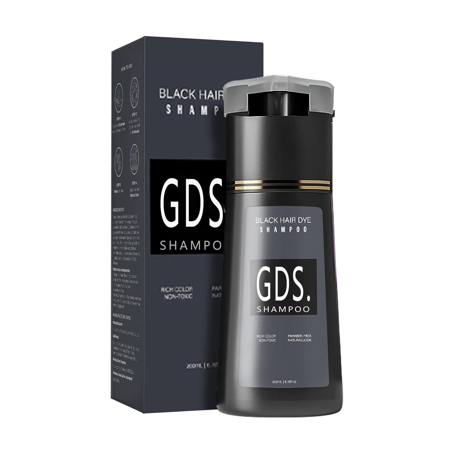 GDS Shampoo Black 4-in-1 Hair Dye Shampoo for Gray Coverage – Instant, Long-Lasting Color (6.76 fl oz)