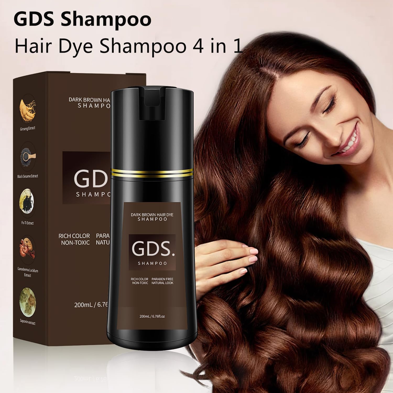 GDS Shampoo Black 4-in-1 Hair Dye Shampoo for Gray Coverage – Instant, Long-Lasting Color (6.76 fl oz)